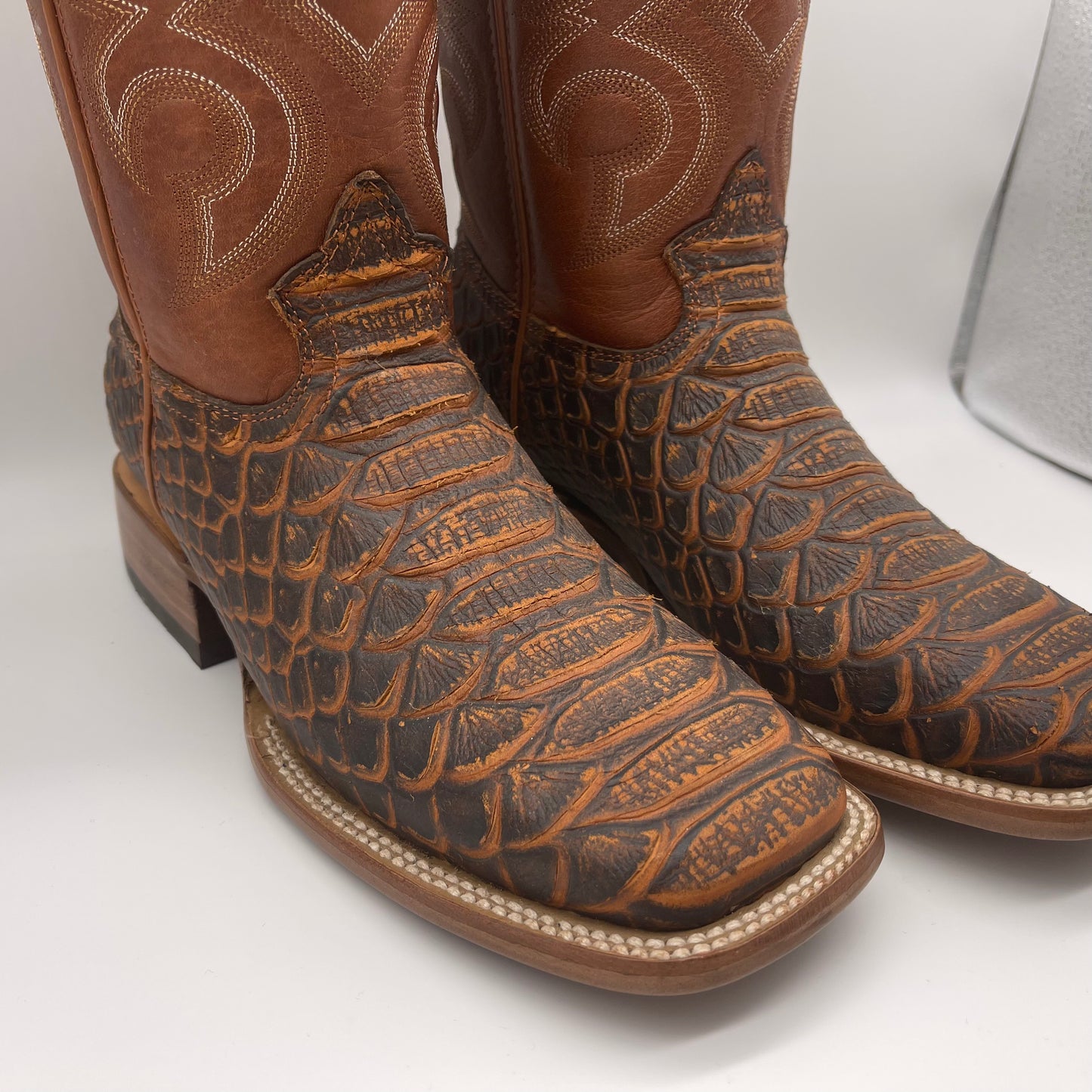 Brown Textured Leather Boots with white design