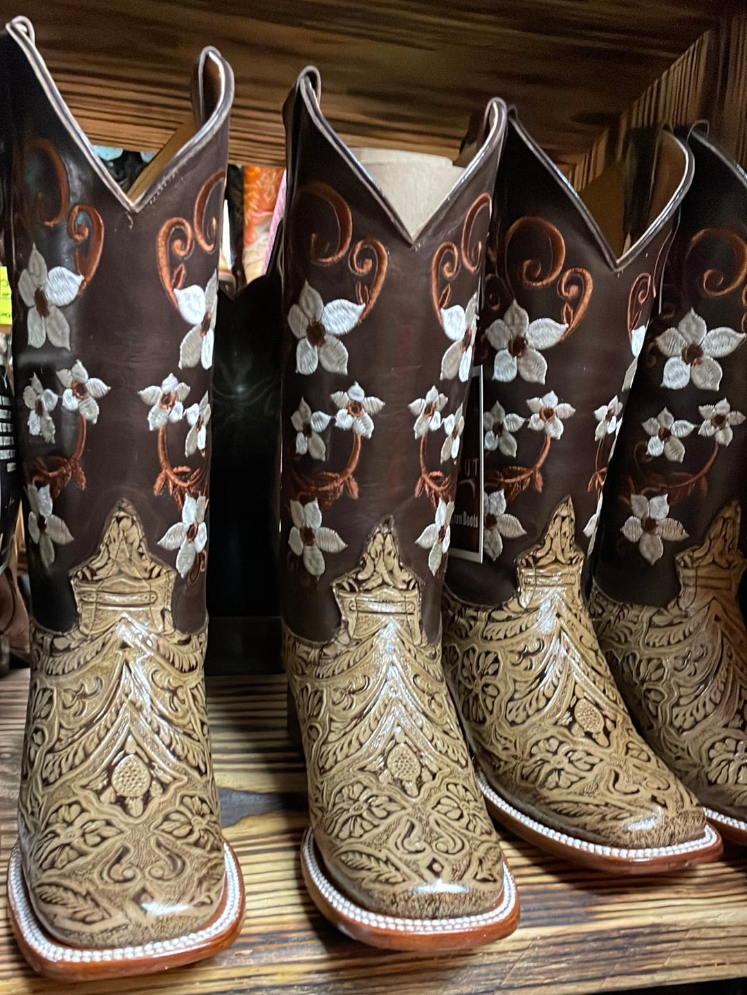 Women Floral Textured Brown Boots