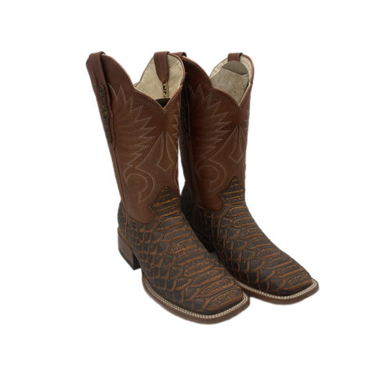 Brown Textured Leather Boots with white design