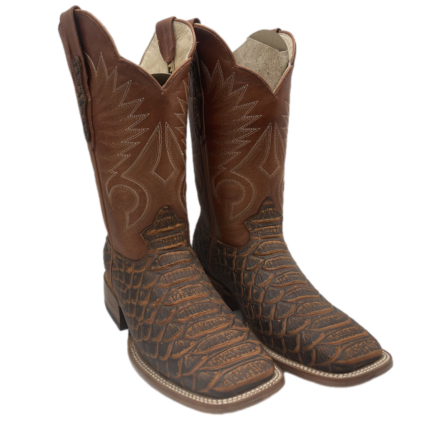 Brown Textured Leather Boots with white design