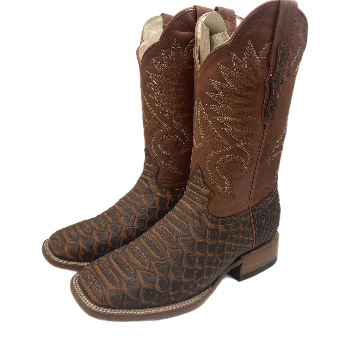 Brown Textured Leather Boots with white design